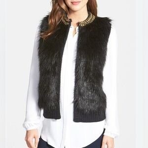 MICHAEL KORS Chain Detail Faux Fur Front Sweater Vest Derby Black Size Large